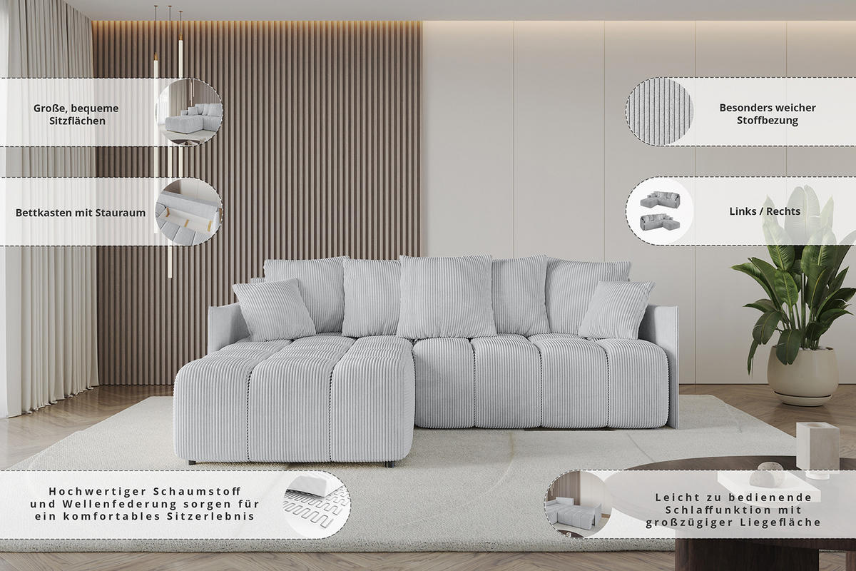ECKSOFA mit Schlaffunktion und Bettkasten LONLI-L 242x175x88 Hellgrau Velours - Hellgrau, Holzwerkstoff/Kunststoff (242/175cm) - ALTDECOR