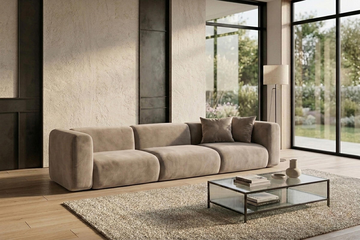 SOFA 3-Sitzer, Velvet-Stoff Bluvel, Latte, GRETA - Hellbraun, Holz (319/70/89cm) - Kaiser Möbel
