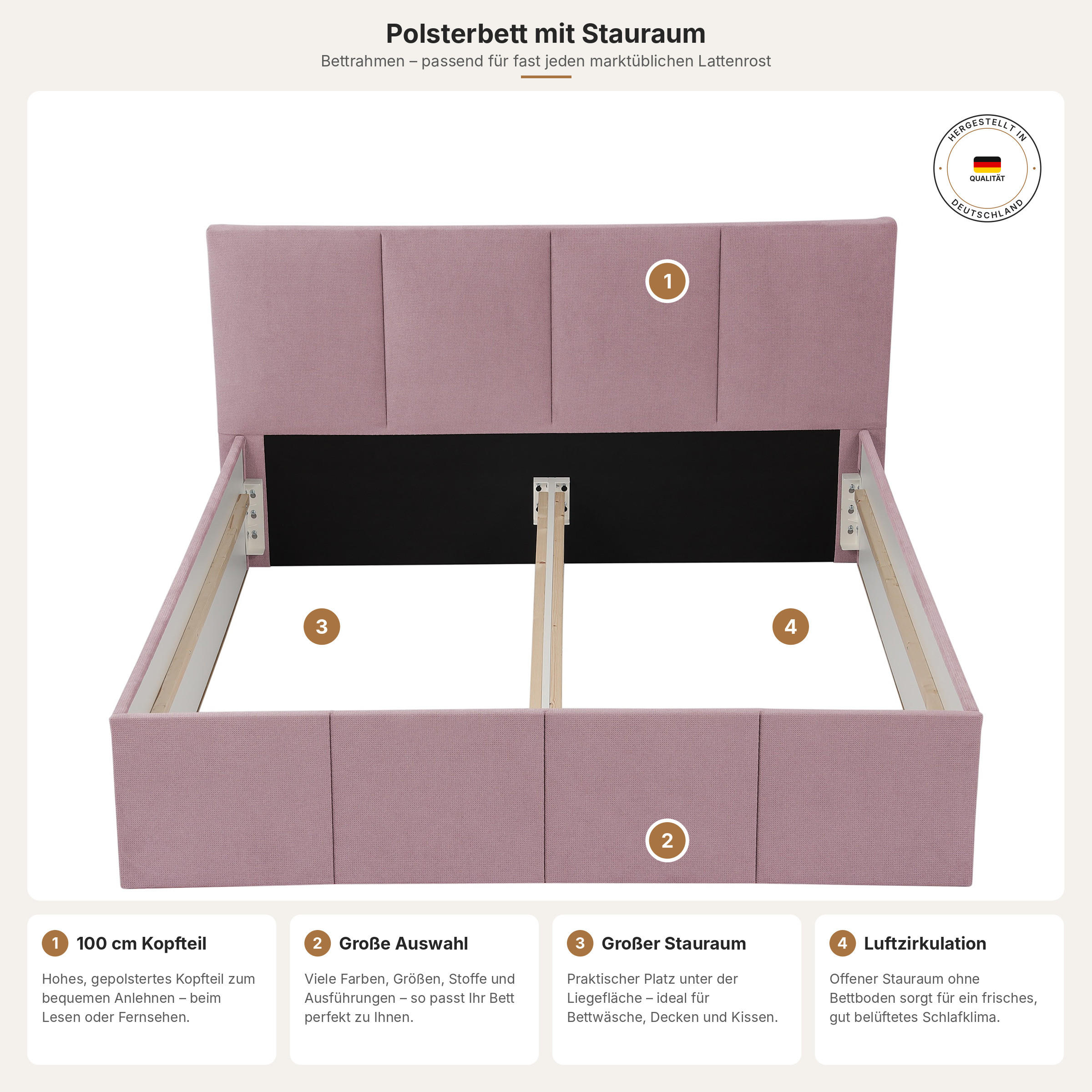 POLSTERBETT Dalas Rose 180 x 200 x 40 cm Stauraum Ohne Matratze und Lattenrost - Rosa, Holz (180/200cm) - Halmon Schlafkomfort Betten 