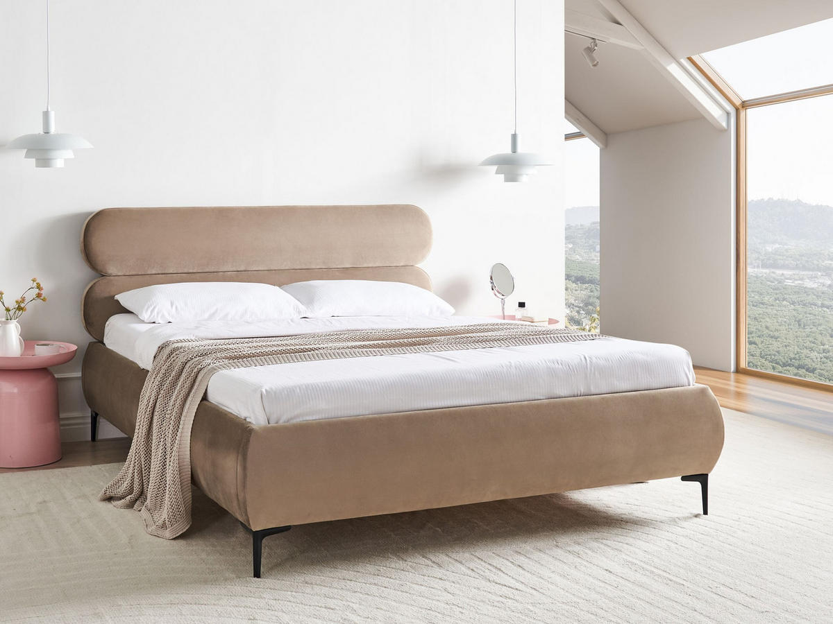 BETT mit Lattenrost 160/200 cm Taupe Lessay - Taupe/Schwarz, Textil (160/200cm) - Beliani