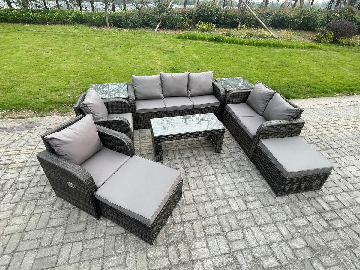 GARTENSOFA SET mit rechteckigem COUCHTISCH Polyrattan 9-Sitzer Dunkelgrau - Dunkelgrau/Grau, Glas/Kunststoff - Fimous