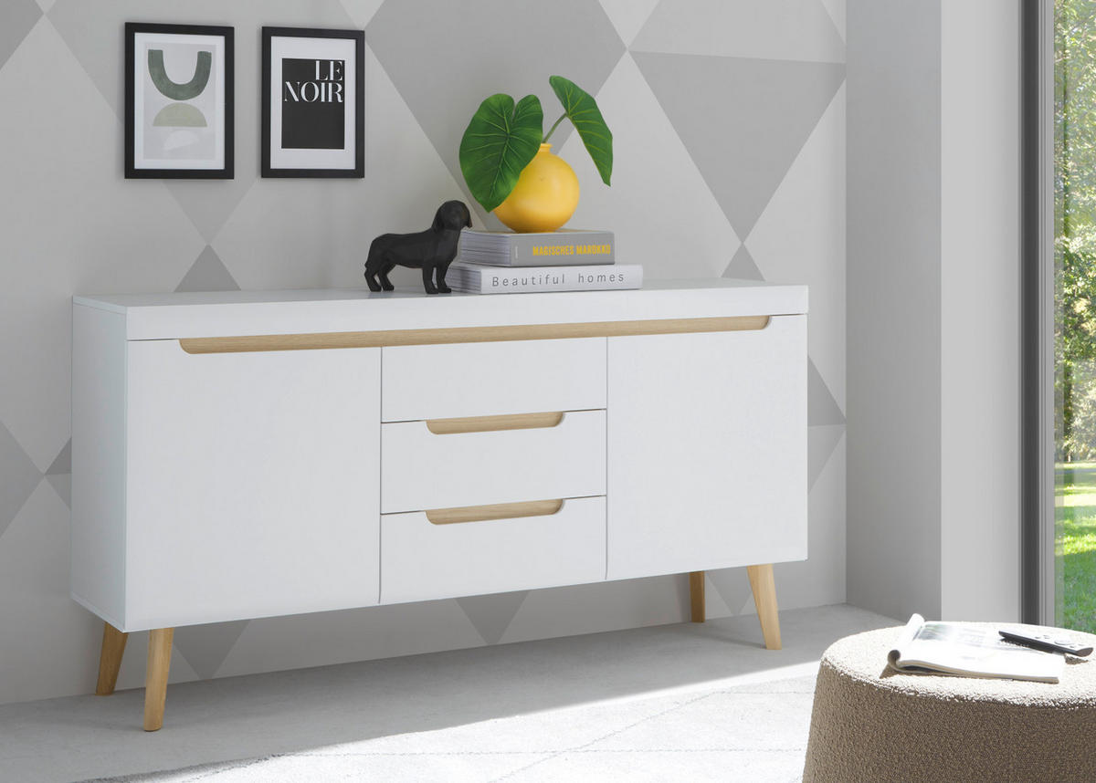 SIDEBOARD weiß matt, Eiche, skandinavisch 160 cm, Kommode mit Soft-Close-Funktion - Eichefarben/Weiß, Holz/Holzwerkstoff (160/83/40cm) - Furn.Design