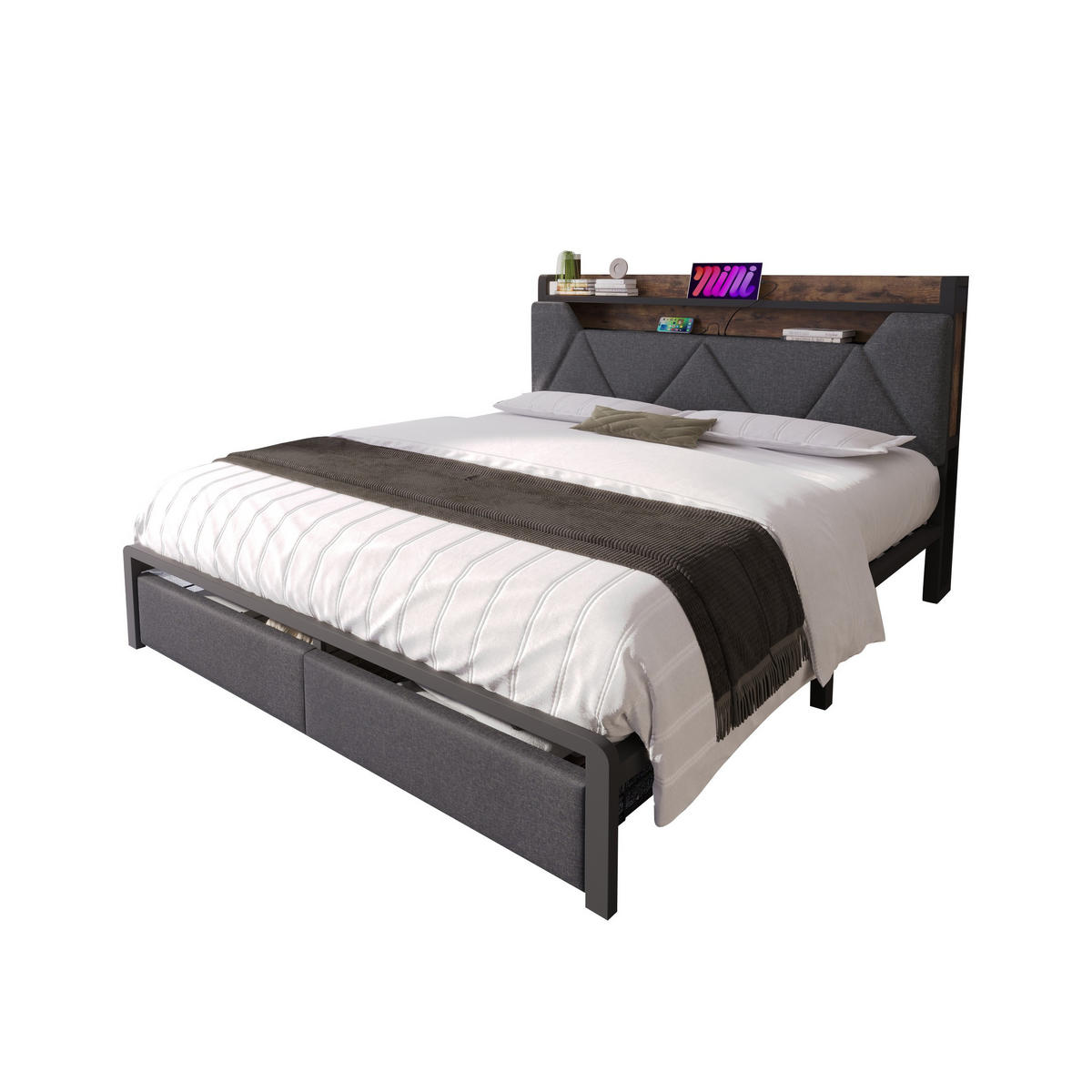 POLSTERBETT 140/200 cm grau mit Stauraum-Kopfteil und LED-Beleuchtung - Grau, Textil (160/200cm) - OKWISH