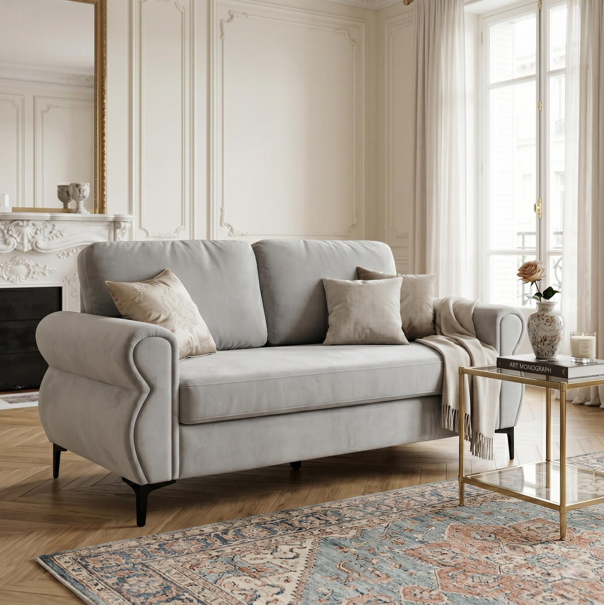 SOFA kompakt 173,5 cm Metall-Holz Light Grey - Hellgrau, Holzwerkstoff (173.5/92/81cm) - Meubliv