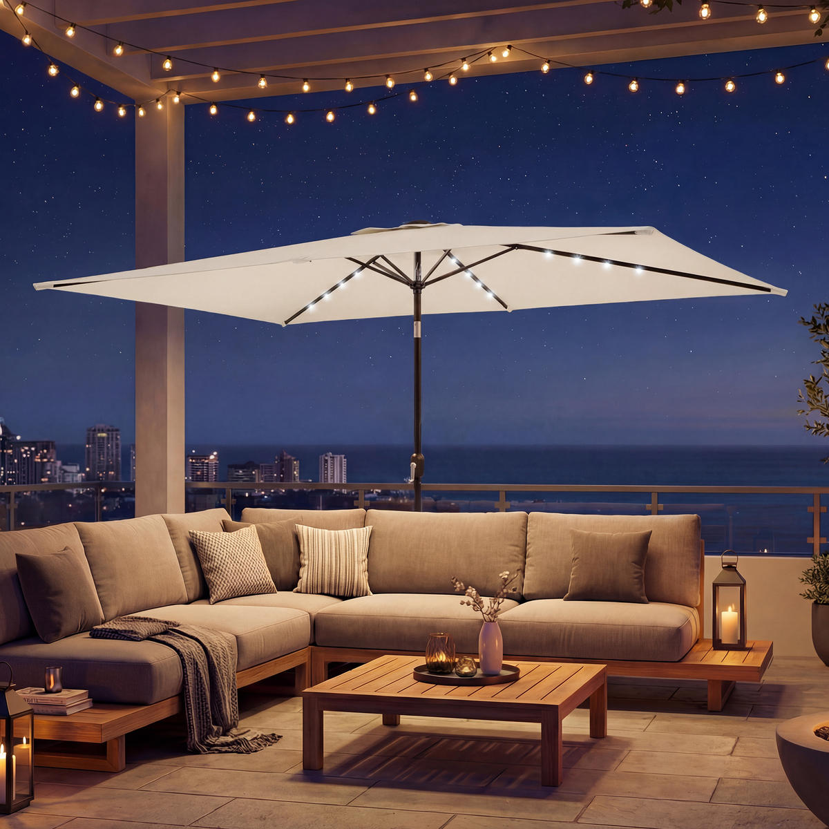 SONNENSCHIRM mit Solar LED Cremeweiß - Creme, Metall (198/289cm) - Outsunny