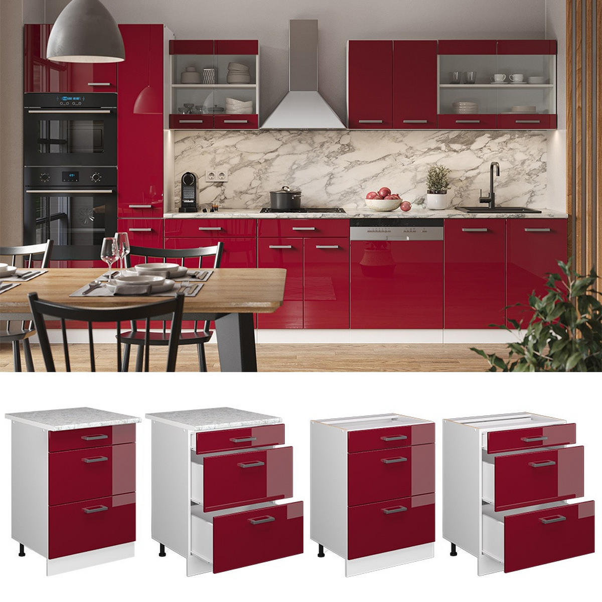 KÜCHENUNTERSCHRANK R-Line Rot Hochglanz 60 cm mit Schubladen, AP Anthrazit - Rot/Weiß, Holzwerkstoff (60/81.6/60cm) - Vicco