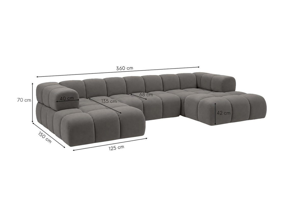 ROHOVÁ SEDAČKA ve tvaru U, velurová tkanina Bluvel, Popelavě šedá, Averro U - šedá, dřevo (360/70/150cm) - Kaiser Möbel