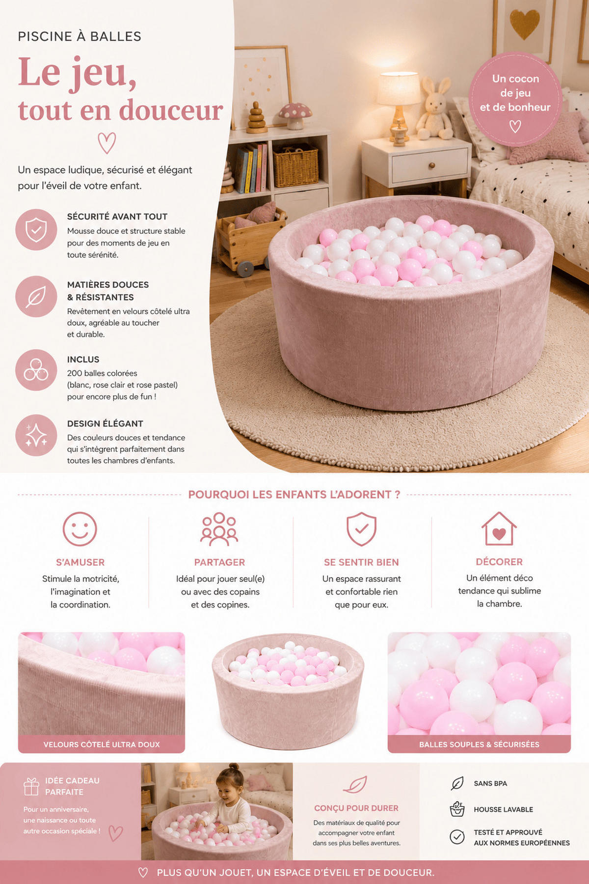 BÄLLEBAD für Babys Hellbeige Ø90 × 30 cm mit 200 weißen und rosa Bällen - Creme, Textil (90/30cm) - AngeLove