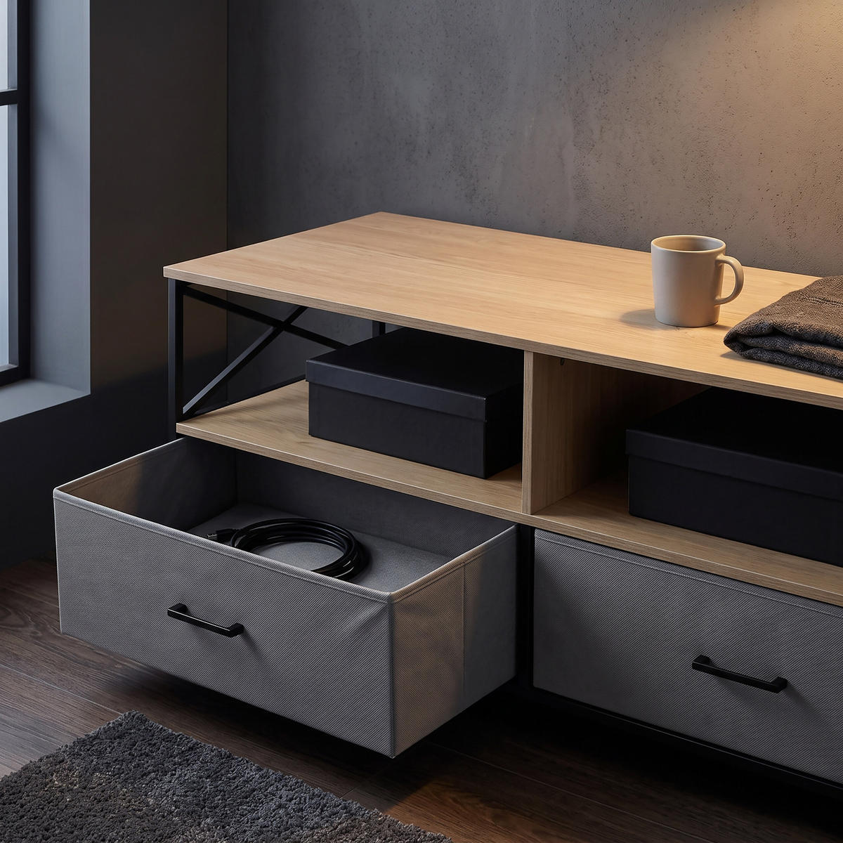TV-LOWBOARD Greige-Schwarz Stoffschubladen 170 cm - Multicolor, Holzwerkstoff/Textil (170/50/40cm) - Relaxdays