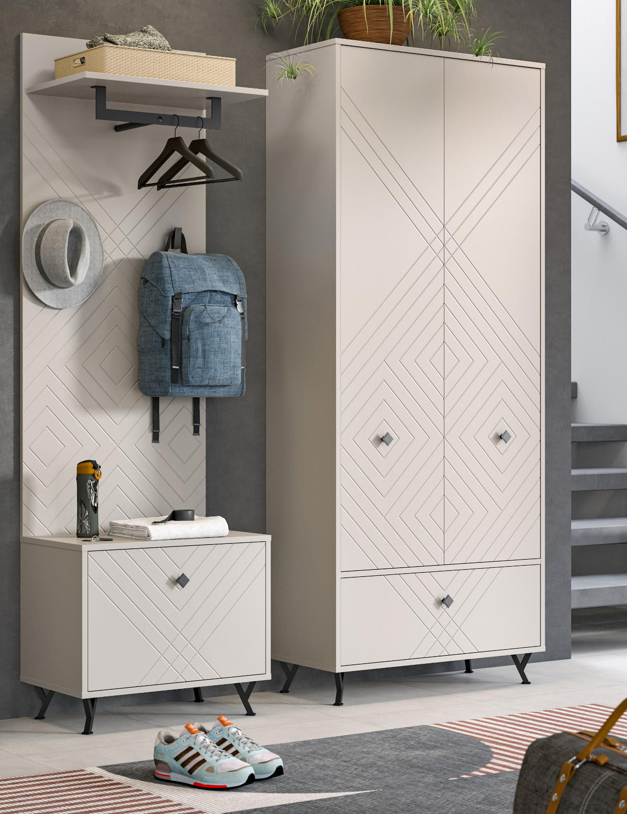 Thumbnail - Inn.Furn Garderobe, Beige, Sand, Metall, Nachbildung, Uni, 3 Fächer, Rechteckig, 155x190x35 cm, FSC Mix, Garderobe, Gard...