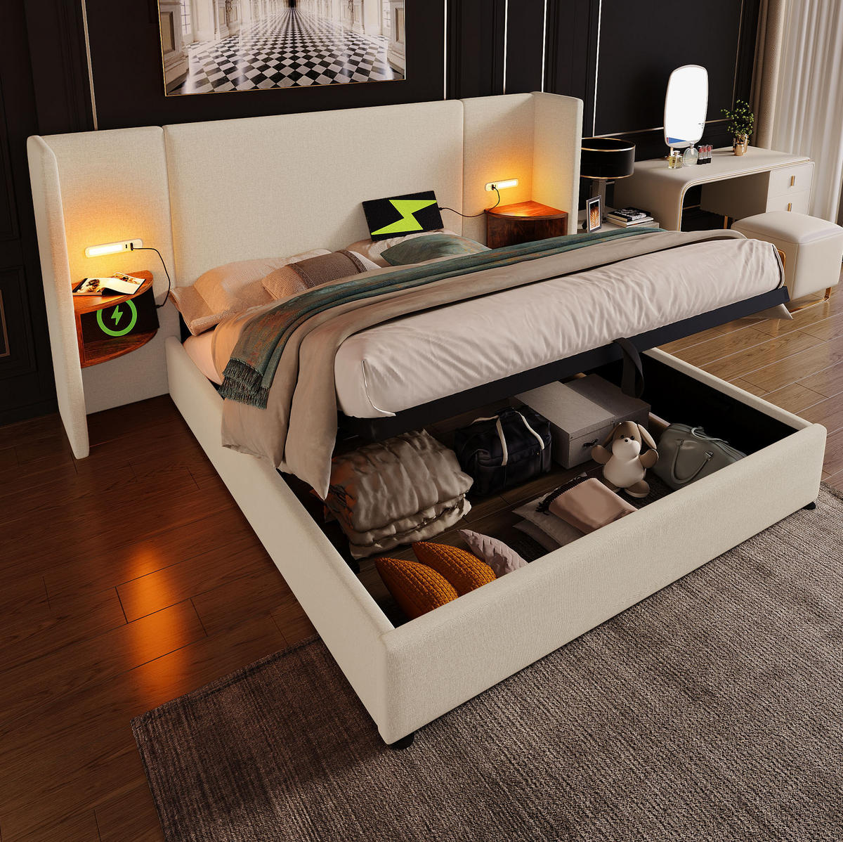 POLSTERBETT 180/200 cm Beige aus Leinen mit Stauraum - Beige, Textil (180/200cm) - OKMYHOME