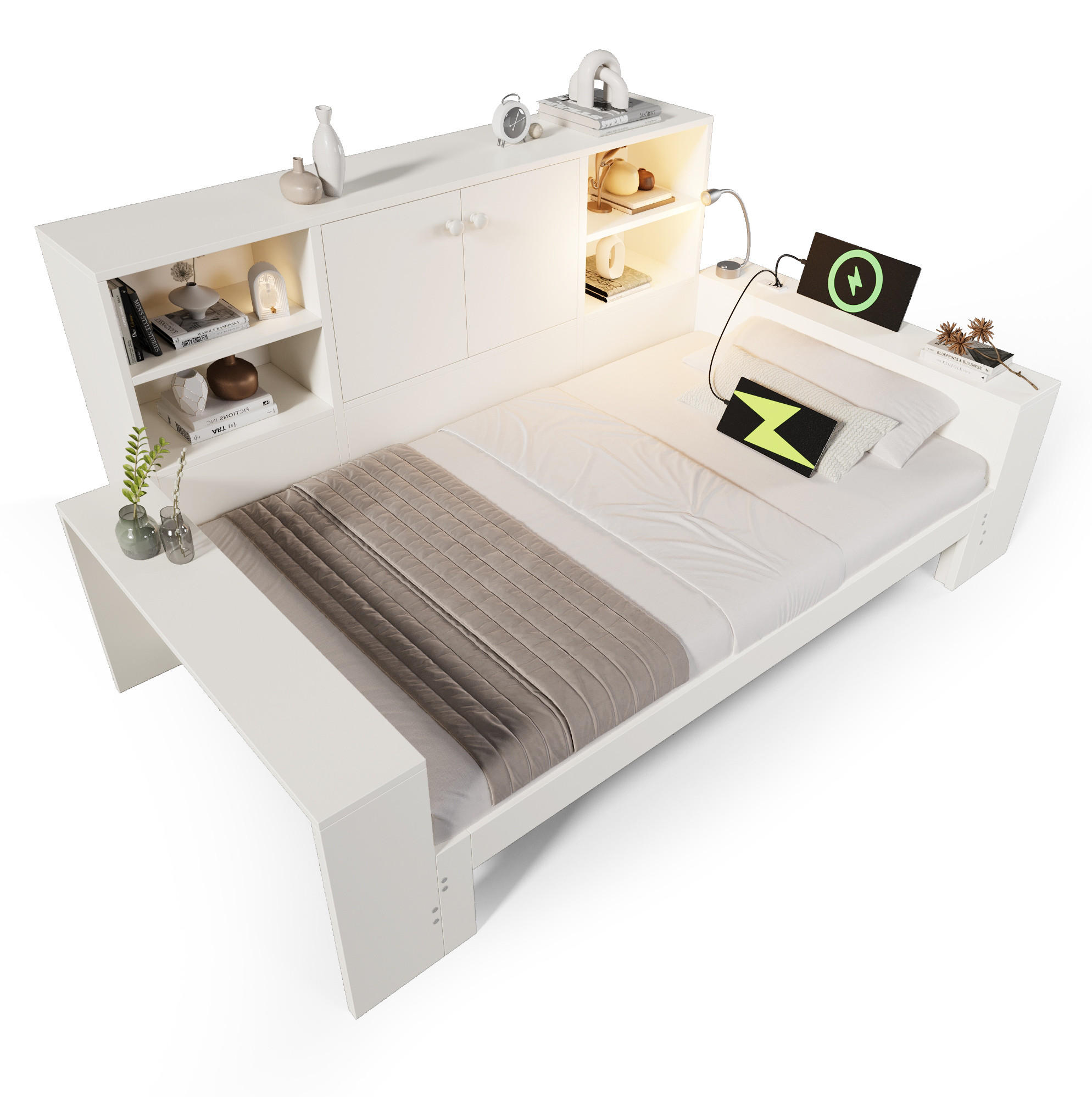 JUGENDBETT Tagesbett 90/200 cm aus MDF und Sperrholz mit Ausziehbett Stauraum und USB-Anschlüssen Weiß - Weiß, Holzwerkstoff (90/200cm) - Modenvie