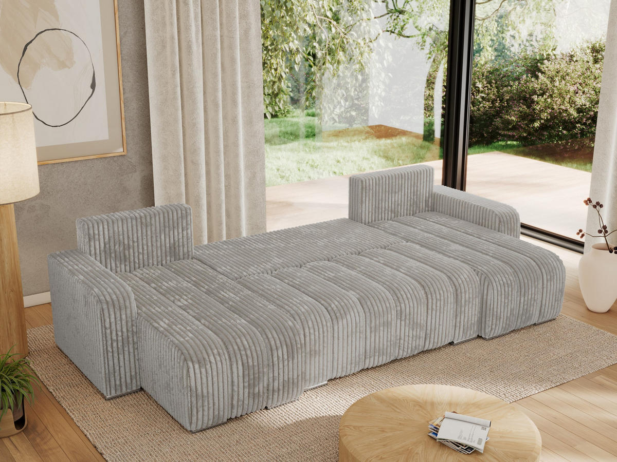 WOHNLANDSCHAFT KIRASSO U Hellgrau Cord - Hellgrau/Grau, Textil/Metall (320/86/147cm) - MKS