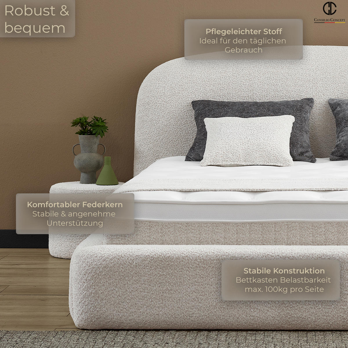 BOXSPRINGBETT MIT BETTKASTEN EVORA 180/200 cm, Ivory, Bettkasten, Matratze, Topper integriert, H3 mittel - Creme/Schwarz, Holz/Kunststoff (180/200cm) - Consilio Concept