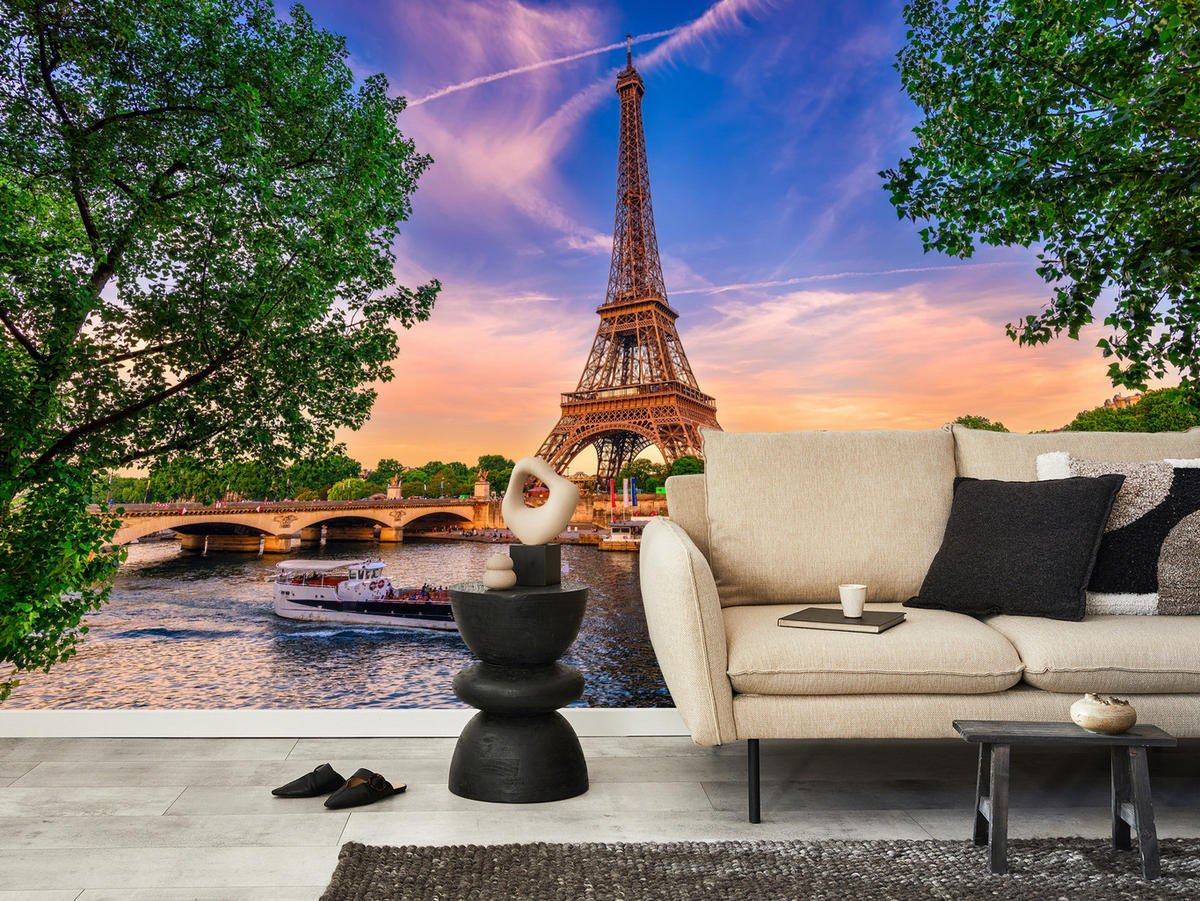 FOTOTAPETE Eiffelturm Paris Architektur 3D 500x350 - Blau/Gelb, Papier (500/350cm) - Muralo