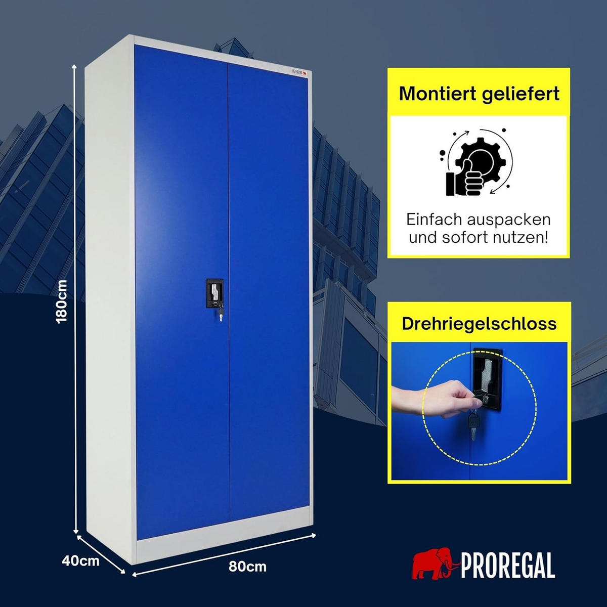 FLÜGELTÜRENSCHRANK Elephant 2er-Set komplett montiert 180x80x40cm 4 Ebenen Blau/Lichtgrau - Blau, Metall (160/180/40cm) - PROREGAL