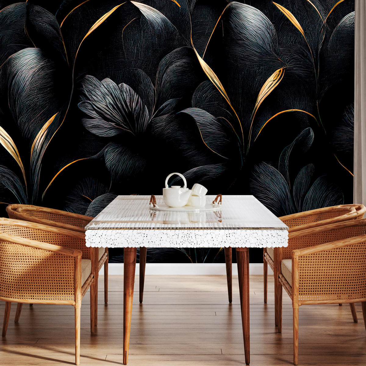 FOTOTAPETE für Wohnzimmer Schwarze Blätter Gold Luxus 400x280 - Goldfarben/Schwarz, Papier (400/280cm) - Muralo