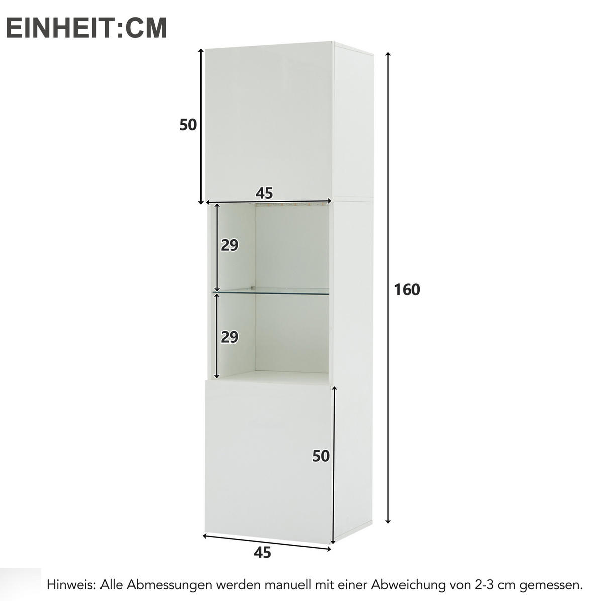 VITRINE 45/35/160 cm in Weiß Hochglanz mit LED-Beleuchtung - Weiß, Holzwerkstoff (45/160/35cm) - Flora Grace