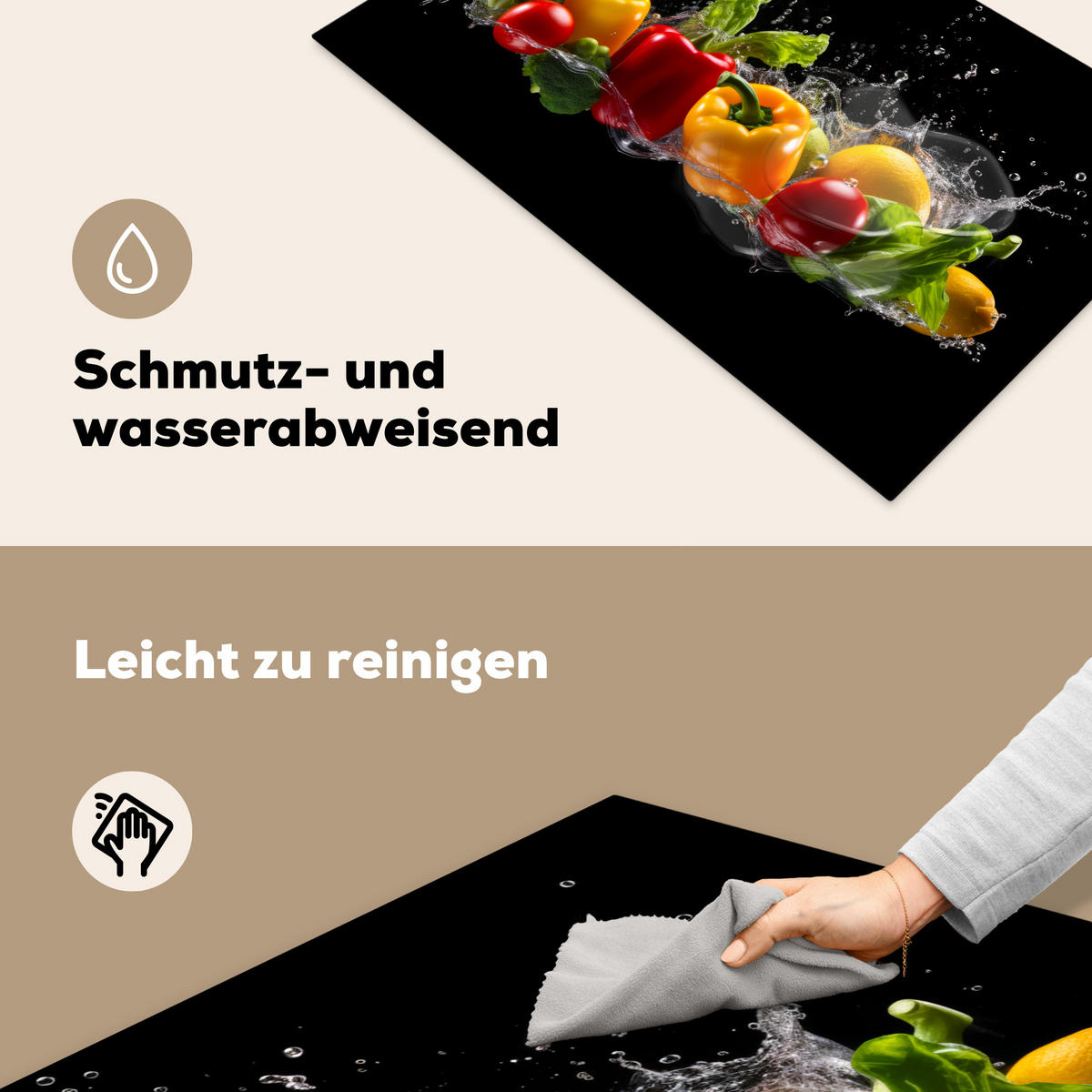 HERDABDECKPLATTE Paprika - Wasser - Gemüse - Schwarz Induktionsmatte 83x51 cm - Multicolor, Kunststoff (83/51.5/0.2cm) - MuchoWow