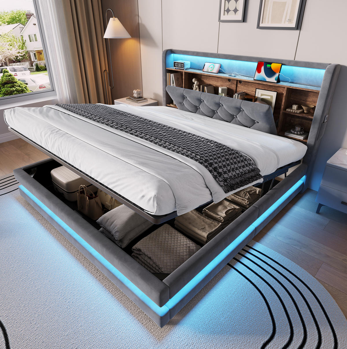 POLSTERBETT aus Samt 140x200 cm Dunkelgrau mit Bettkasten, LED-Beleuchtung, USB- und Type-C-Anschlüssen - Dunkelgrau, Textil (140/200cm) - Modfu