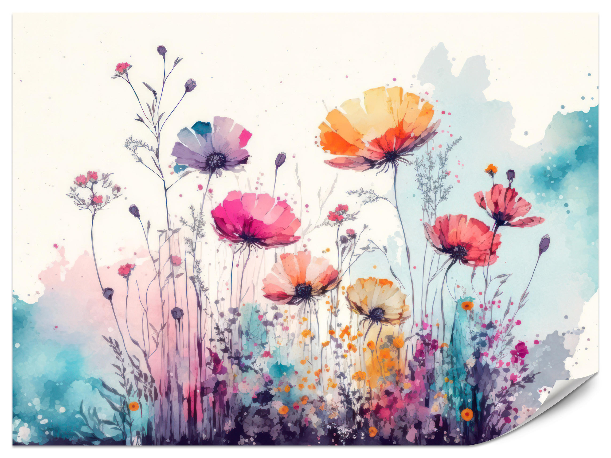FOTOTAPETE für Schlafzimmer Abstrakte Bunte Wiesenblumen Aquarell 250x175 - Türkis/Rot, Papier (250/175cm) - Muralo