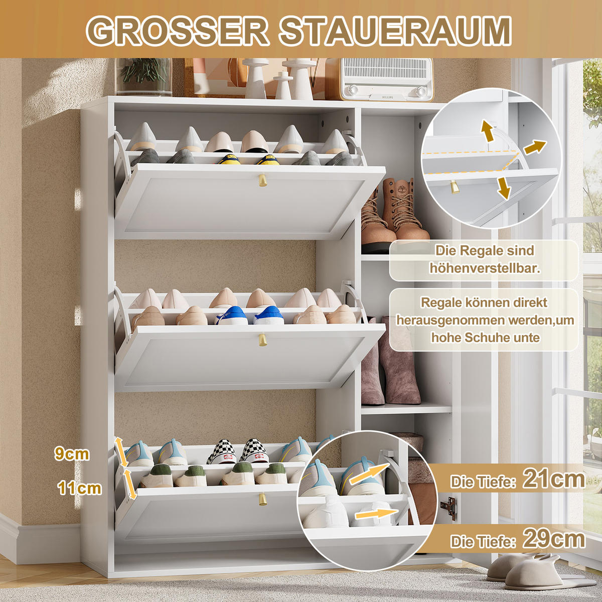 SCHUHSCHRANK aus MDF & Spanplatte 90x25x114cm in Weiß mit 3 Klappen & 1 Tür - Weiß, Holzwerkstoff (90/114/25cm) - Modfu