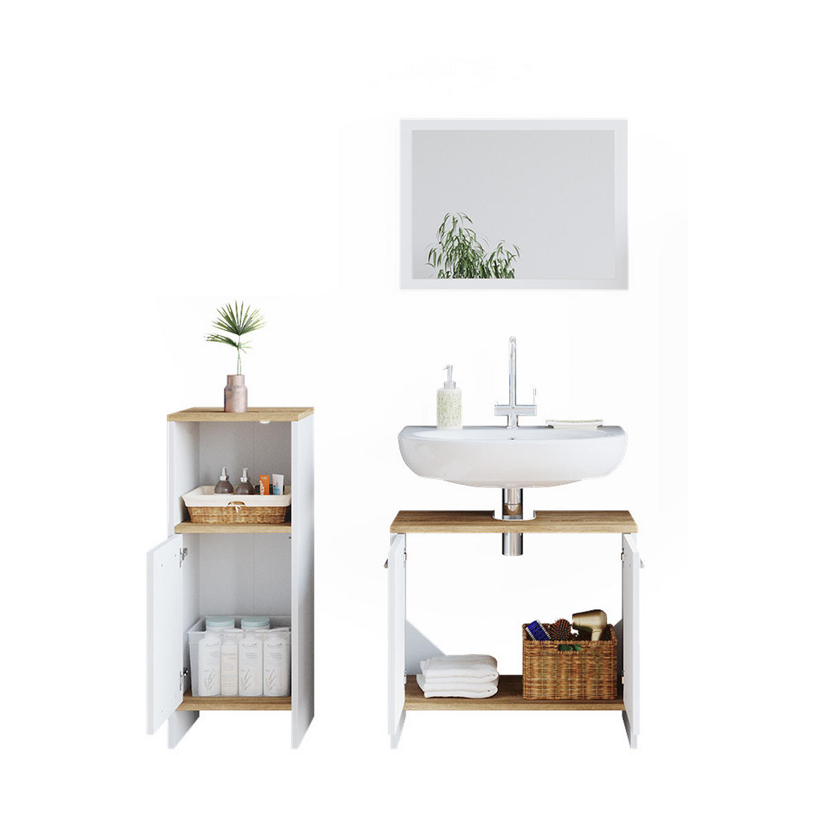 BADMÖBEL-SET Elvio Weiß 3 Teile - Weiß/Sonoma Eiche, Holzwerkstoff (60/82/28cm) - Vicco