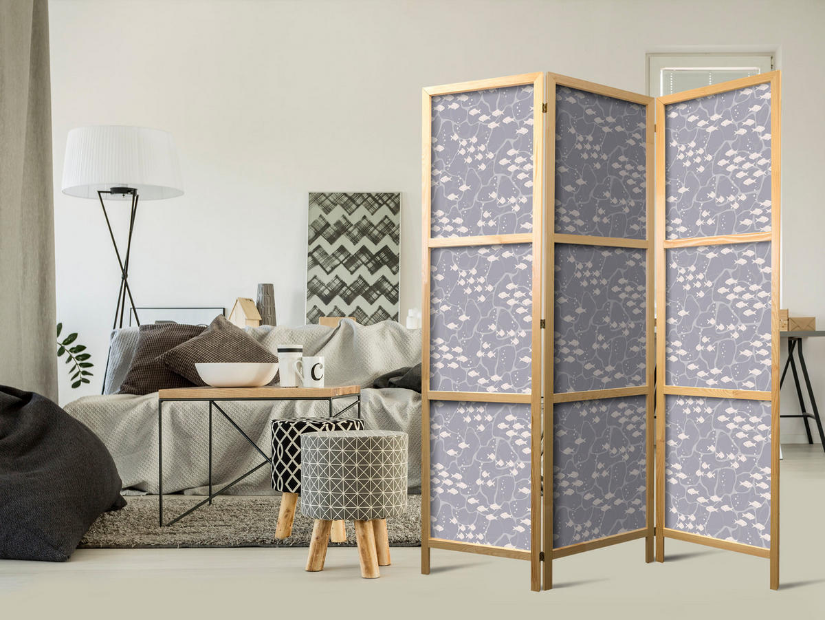 PARAVENT Japanischer 3-tlg 135x172 cm Fischschwarm - Grau, Holz/Textil (135/172/3cm) - Muralo