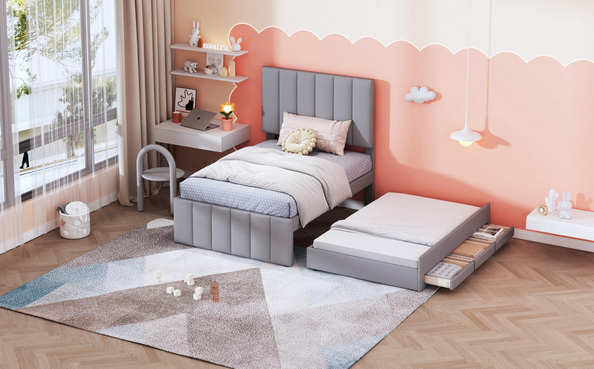 POLSTERBETT 90/200 cm Grau aus Leinen mit Rollbett und Schubladen - Grau, Textil (90/200cm) - OKMYHOME