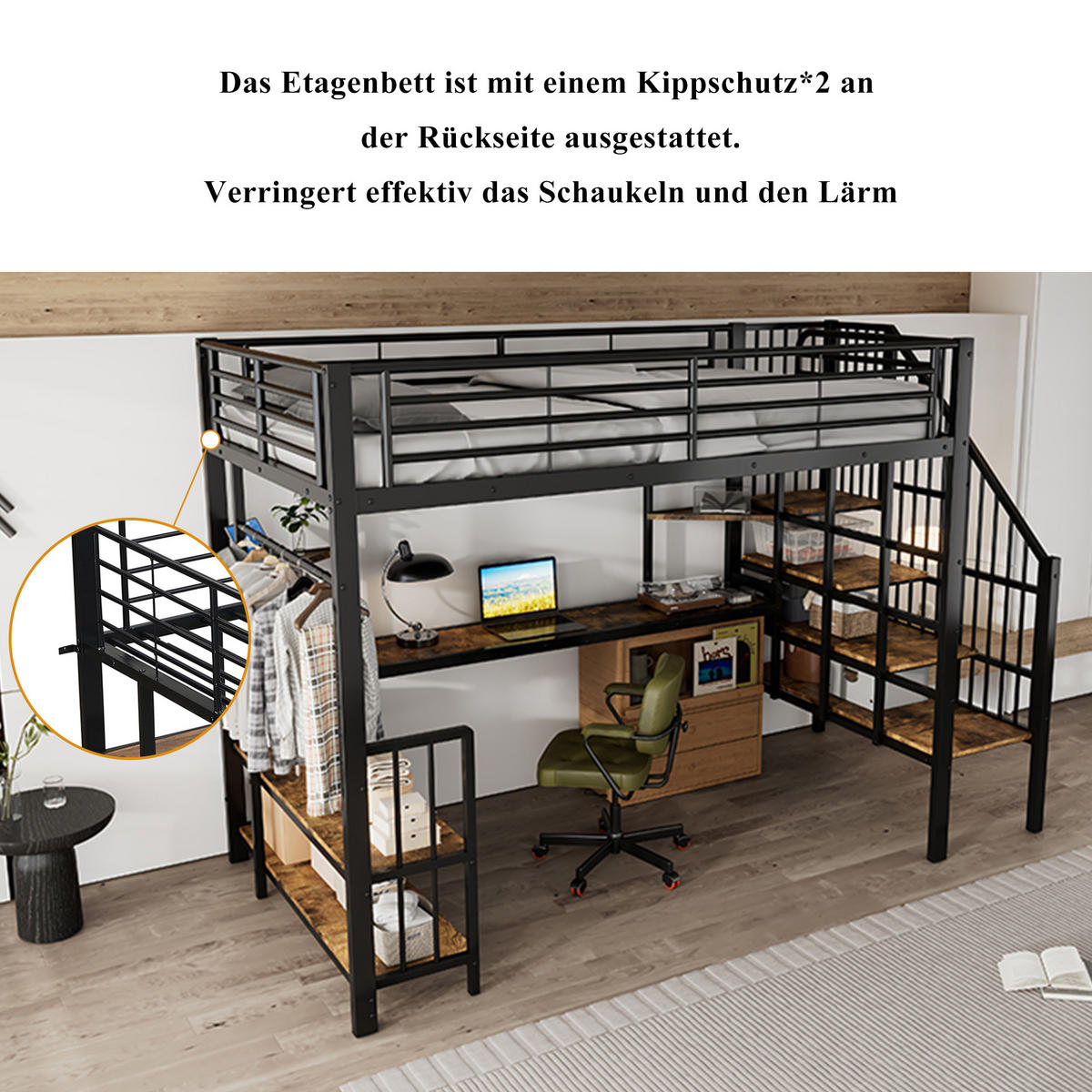 HOCHBETT 120/200 cm in Schwarz & Dunkelbraun mit Ladeanschluss, Ablage und Kleiderbügel - Schwarz, Holzwerkstoff/Metall (120/200cm) - WISHDOR