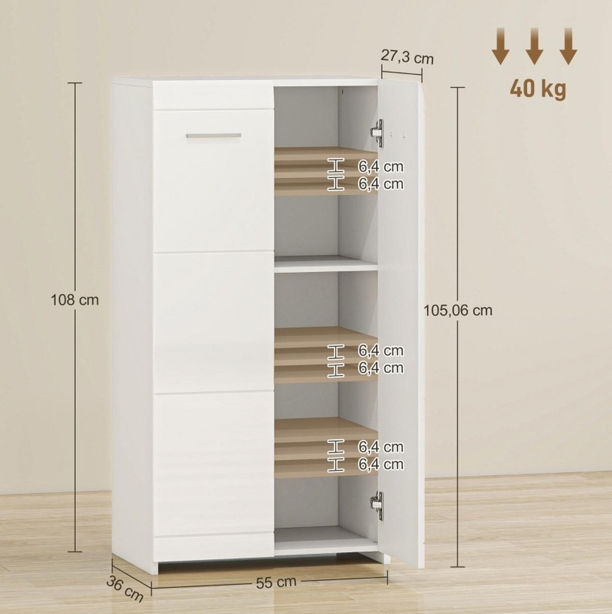 SCHUHSCHRANK 55/108/36 cm Weiß aus Holz mit verstellbaren Regalböden - Weiß, Holz (55/108/36cm) - OKMYHOME