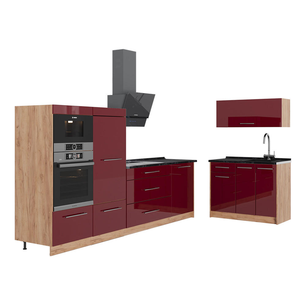 KUCHYŇA Fame-Line, Bordeaux vysoký lesk/Dub Goldkraft, 380 cm, AP Antracit - bordová/dub medový, kompozitné drevo (380/153.6/60cm) - Vicco