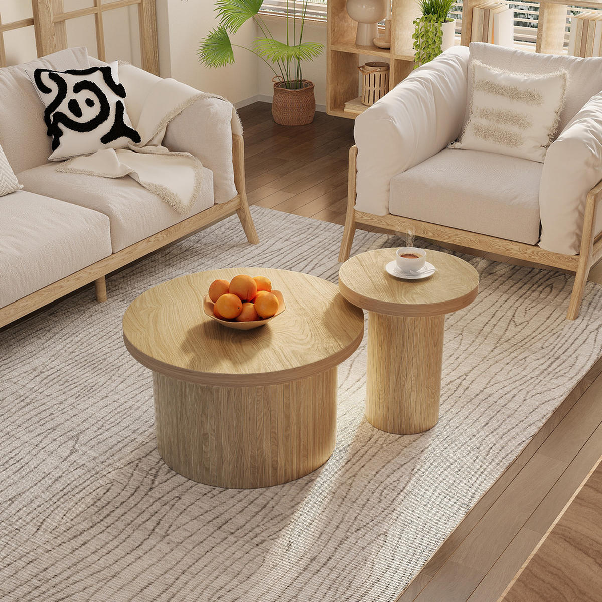 COUCHTISCH Doppel Rund Naturholzlatten Multifunktional Beistelltisch Modern - Braun, Holz (81.28/78.74/19.05cm) - FLIEKS