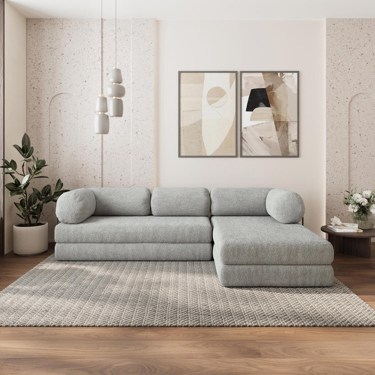 ROHOVÁ SEDAČKA KELI modulární Boneless pohovka s funkcí spaní, světle šedá QUELLE 83 - světle šedá, textil (270/160cm) - MASSENO