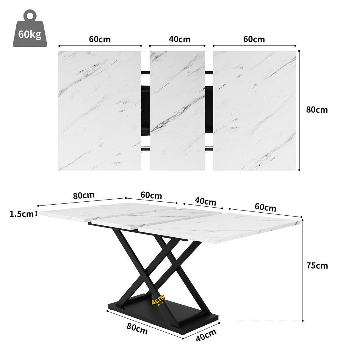 JÍDELNÍ stůl 120-160/80/75 cm bílá/černá z MDF a kovu rozkládací s křížovou podnoží - bílá, kompozitní dřevo (160/80/75cm) - OKWISH