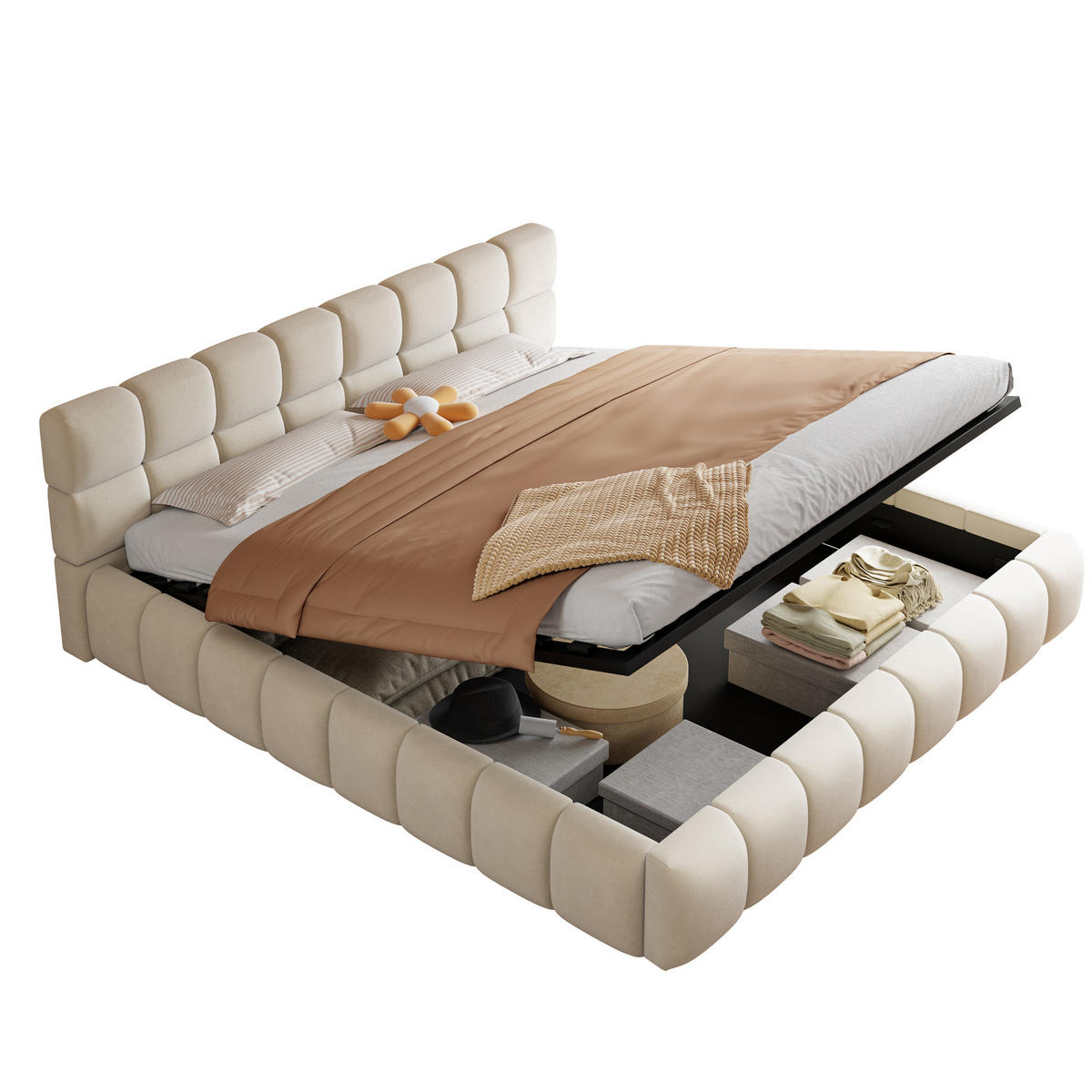 POLSTERBETT 180x200 Beige Samt LED Stauraum - Beige, Textil (180/200cm) - FLIEKS