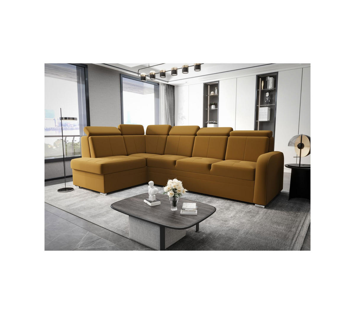 ECKSOFA KONGO RBN11, Eckcouch in L-Form mit Schlaffunktion, Farbe: Gelb, Velourstoff, Ottomane Links - Gelb, Textil (304/180cm) - O-Sofa