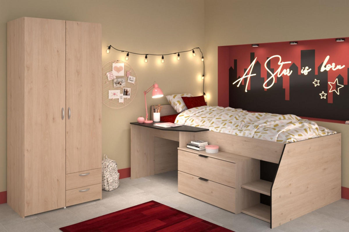KINDERZIMMER SET Parisot Milky 2-tlg. Holzdekor Weiß/Eiche - Eichefarben/Schwarz, Kunststoff (100/1/200cm) - 58aufmkessel