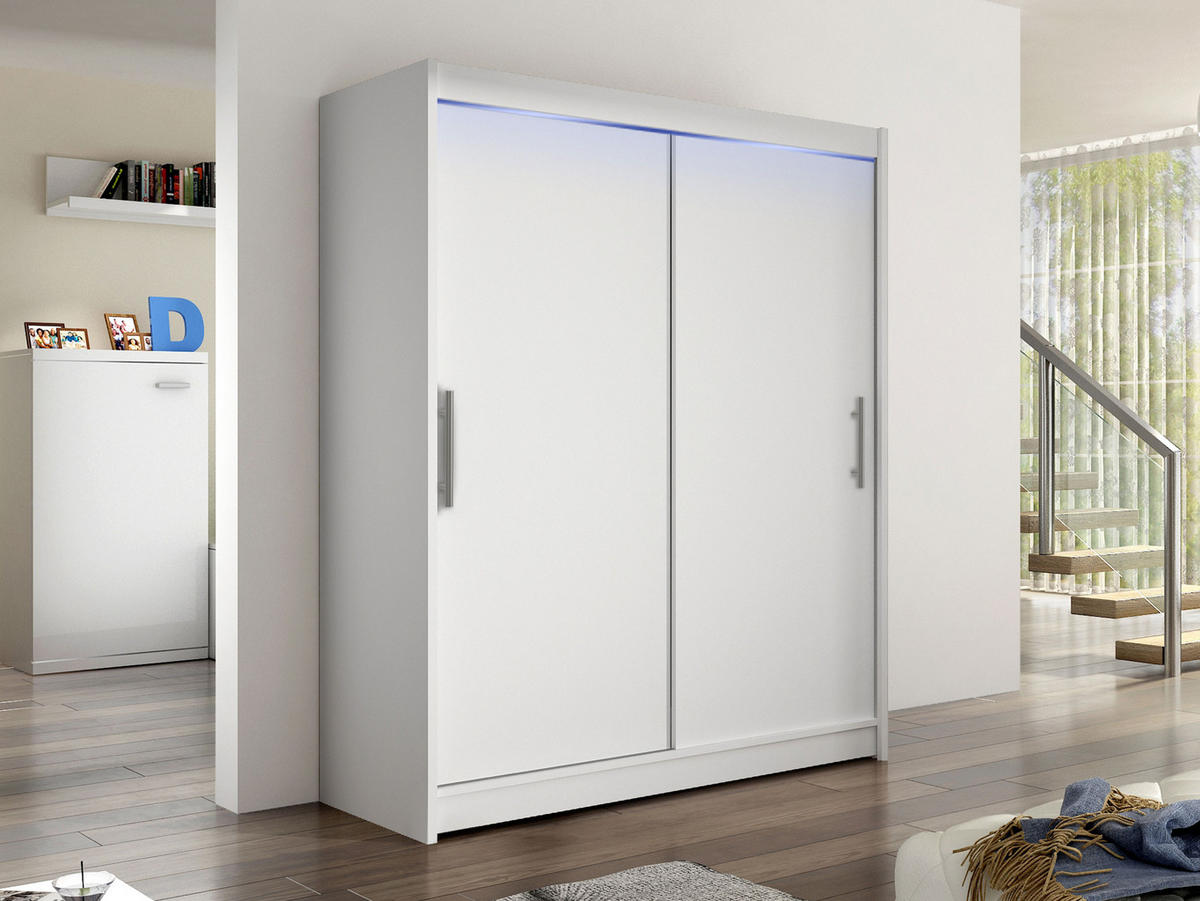 SCHWEBETÜRENSCHRANK Westa I, mit RGB LED Beleuchtung - Silberfarben/Weiß, Holzwerkstoff/Metall (150/200/58cm) - MIRJAN24