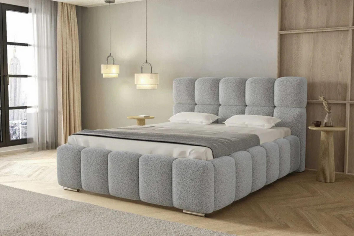 POLSTERBETT LUNA mit Kopfteil, 140 x 200 cm, Doppelbett mit Bettkasten und Lattenrost aus Metall, Boucle Stoff: Grau - Grau, Holz/Textil (140/200cm) - Agmat-Furniture