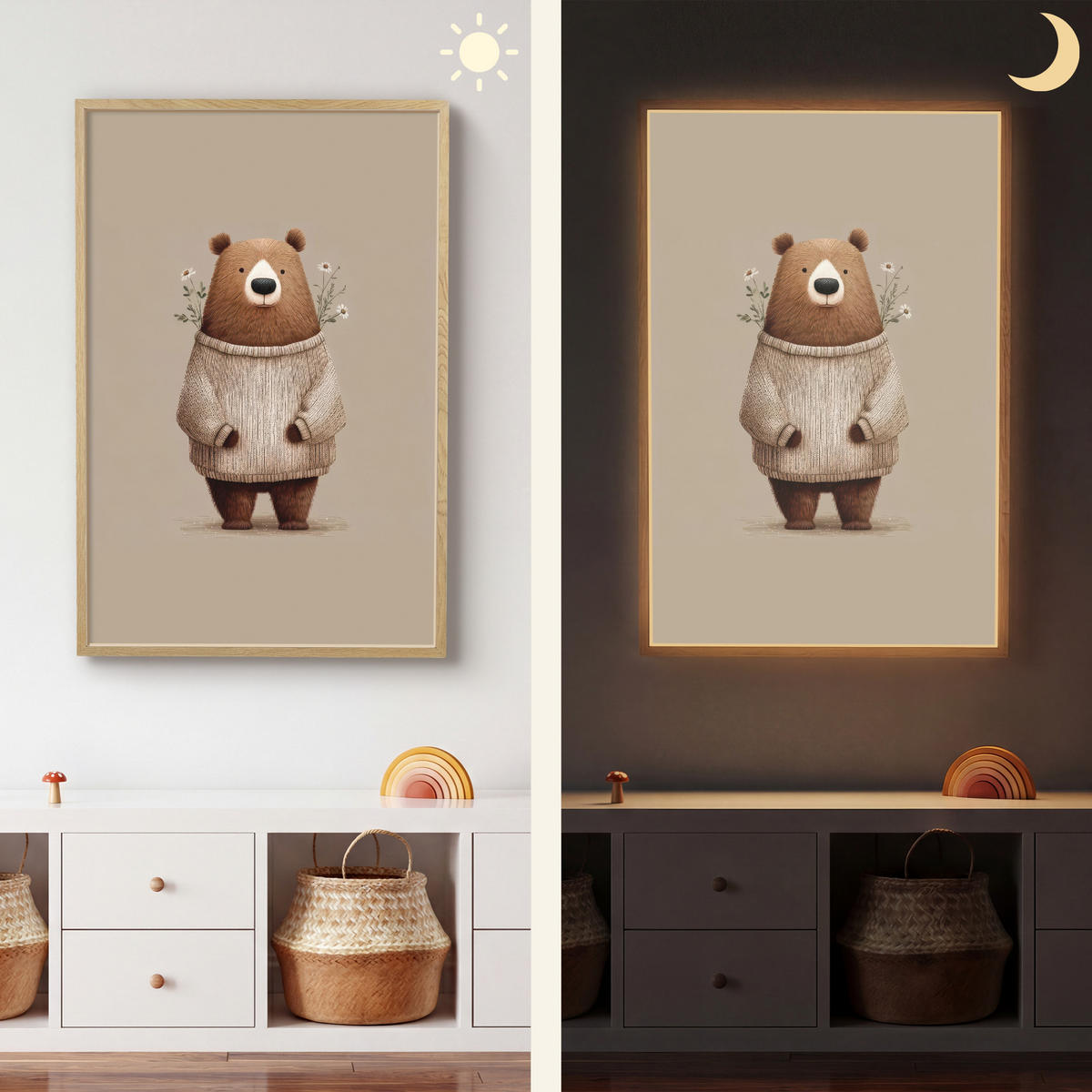 NÁSTĚNNÁ LAMPA S AKUMULÁTOREM Medvěd - Bílé květy - Cosy 70x100 cm - šedohnědá, kompozitní dřevo (70/100/8cm) - OnlyWow