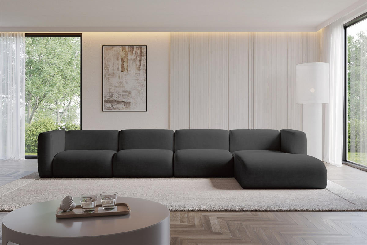 ECKSOFA Ottomane Rechts MIRA-L3 409x179x70 Schwarz Velours - Anthrazit/Schwarz, Holzwerkstoff/Kunststoff (409/179cm) - ALTDECOR