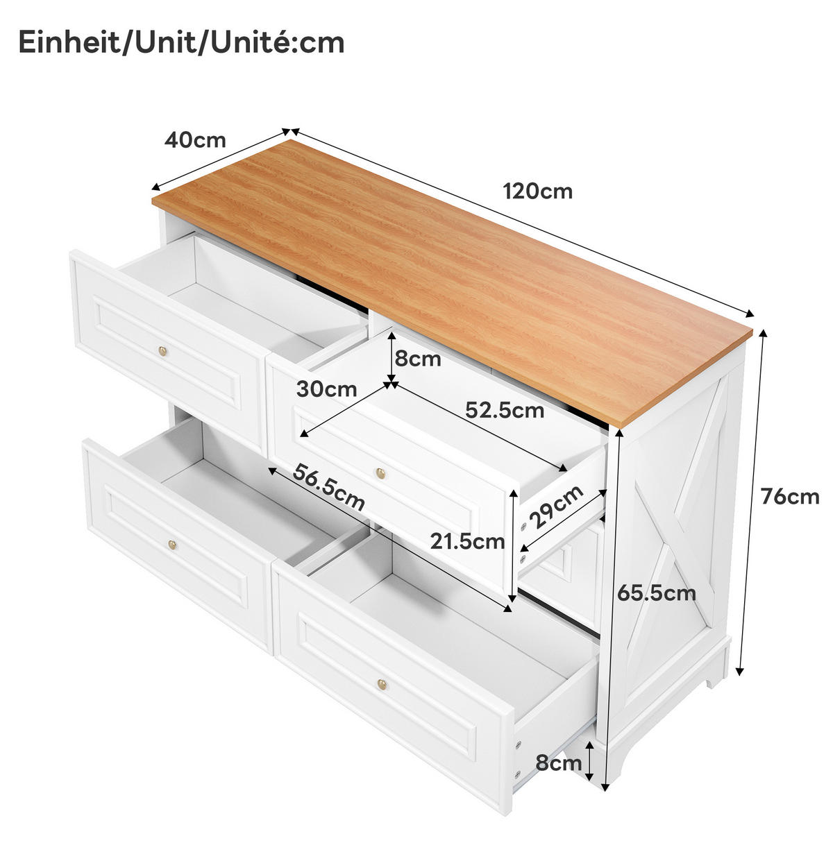 SIDEBOARD 120/40/76 cm mit 6 Schubladen, Ablagefläche und Landhausstil, Weiß/Natur - Weiß, Holzwerkstoff (120/76/40cm) - Redom