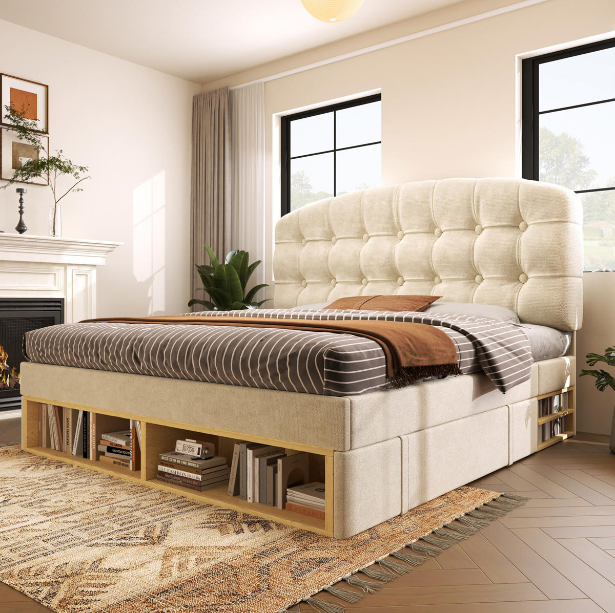 BETT mit Stauraum und Schubladen 90x200 cm Samt Beige - Beige, Metall (90/200cm) - Meubliv