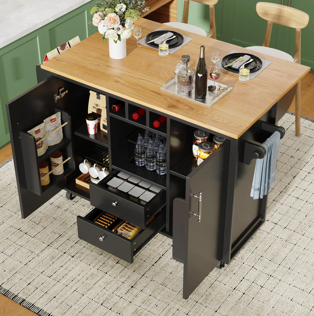 KÜCHENINSEL 137,9/73/92,2 cm aus MDF und Metall mit klappbarer Arbeitsplatte Schwarz - Schwarz, Holzwerkstoff (137.9/92/73cm) - Modenvie