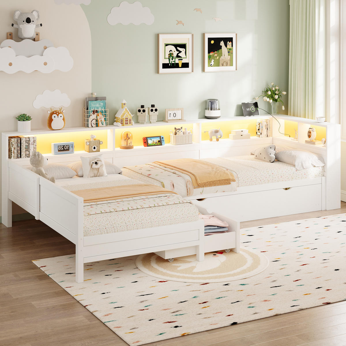 BETT 90/200 cm & 90/200 cm in Weiß mit Ausziehbett, Schublade, LED und USB in L-Form - Weiß, Holzwerkstoff (90/200cm) - STILVORA