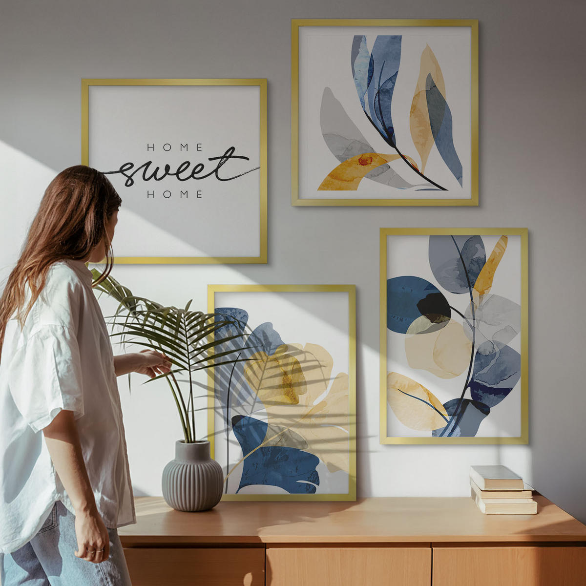 BILDER SET 4er Set - 50x50 cm & 40x60 cm Goldrahmen - Aquarell-Pflanzenmotive - Goldfarben, Kunststoff (50/50cm) - TULUP