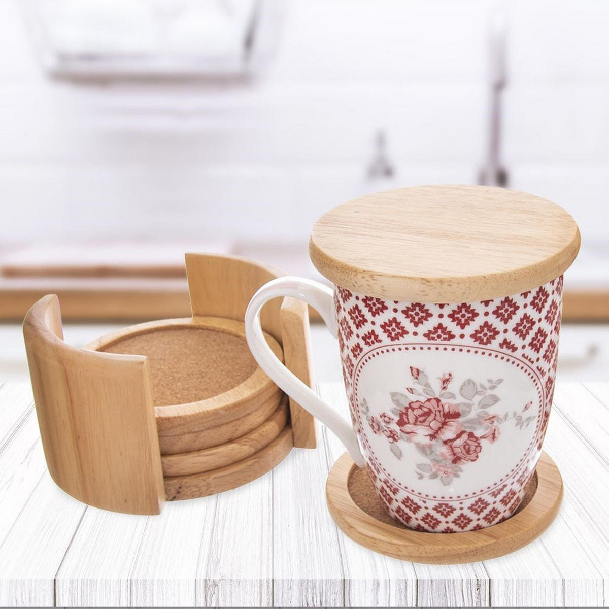 UNTERSETZER-SET MIT STÄNDER, Holz/Kork, natur, 7-teilig - Naturfarben, Holz (9.5cm) - Orion 