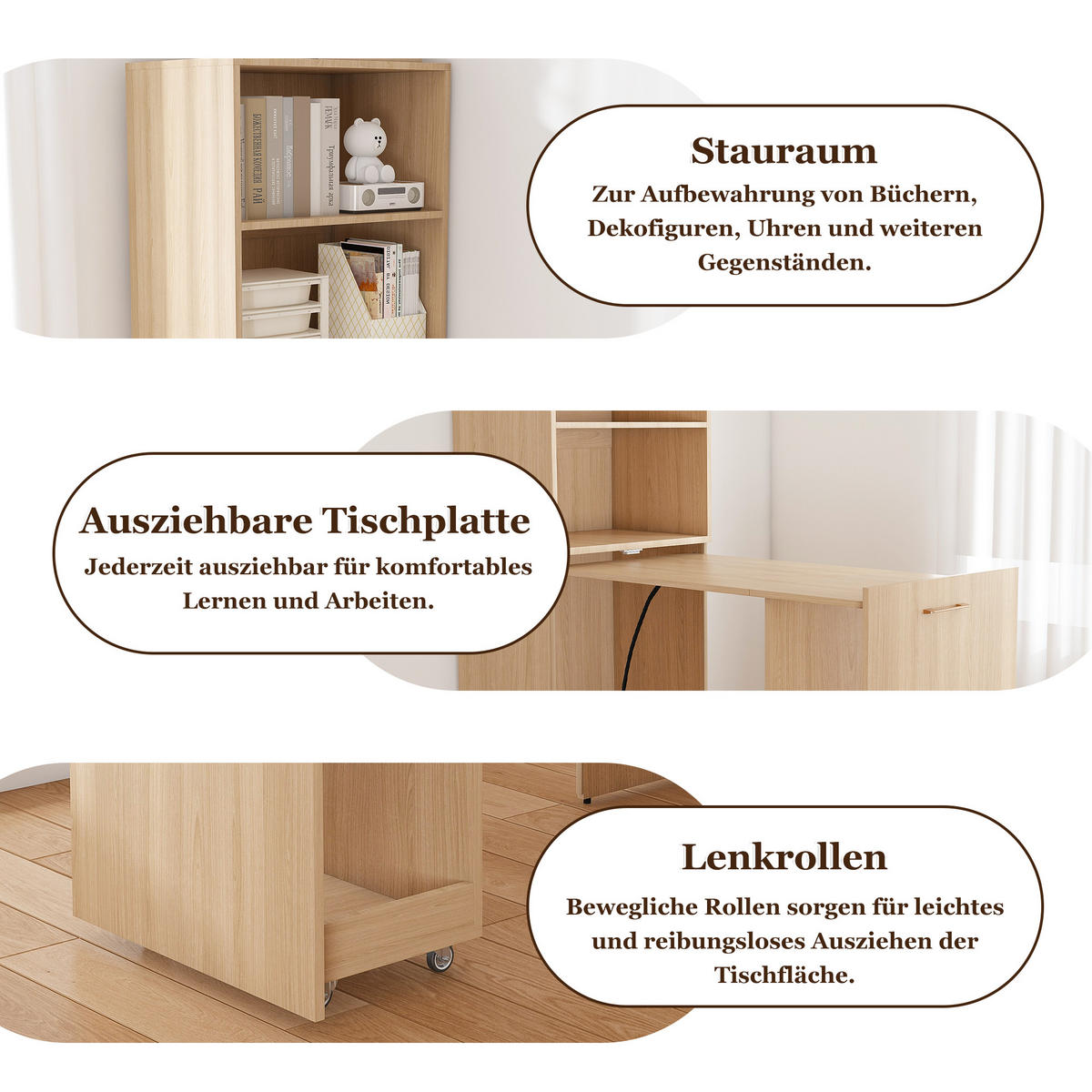 ECKSCHREIBTISCH DE-37446 ausziehbar mit verstellbaren Ablagen Helle Eiche - Naturfarben, Holzwerkstoff (40/55/136cm) - ComfortXL