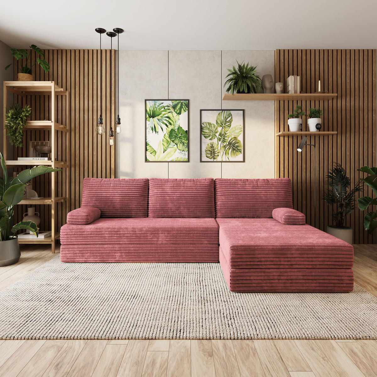 ECKSOFA ANKO modulares Boneless Sofa mit Schlaffunktion Rosa Kordstoff - Rosa, Textil (270/160cm) - MASSENO